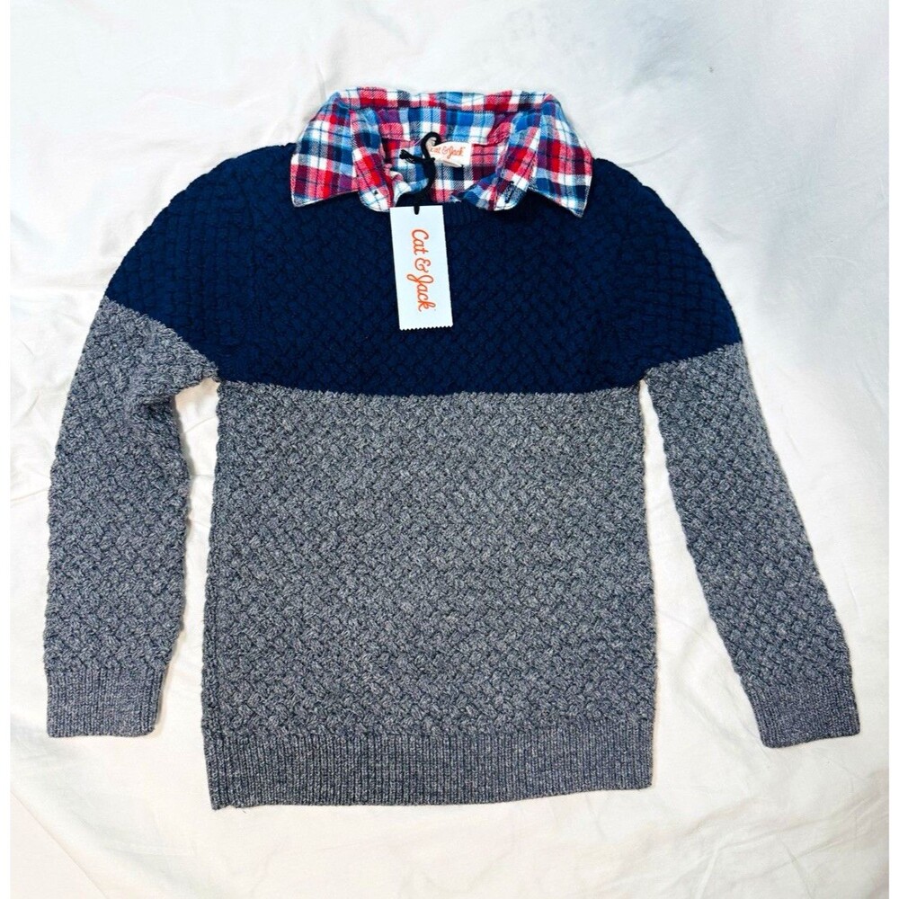 Cat & Jack Colorblock Textured Chunky Knit Cotton Crew Sweater Boys 7